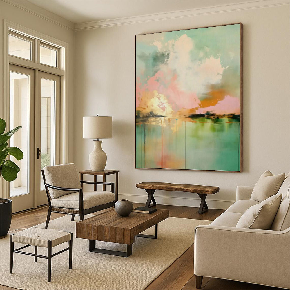 “Pink, Orange, and Green Landscape Abstract” - Colorful Landscape - inspired Painting On Canvas PT0994