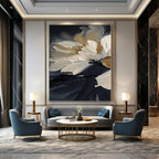 Cream and Black Floral "Elegant Blossoms" Impasto Flower Painting On Canvas PS1091