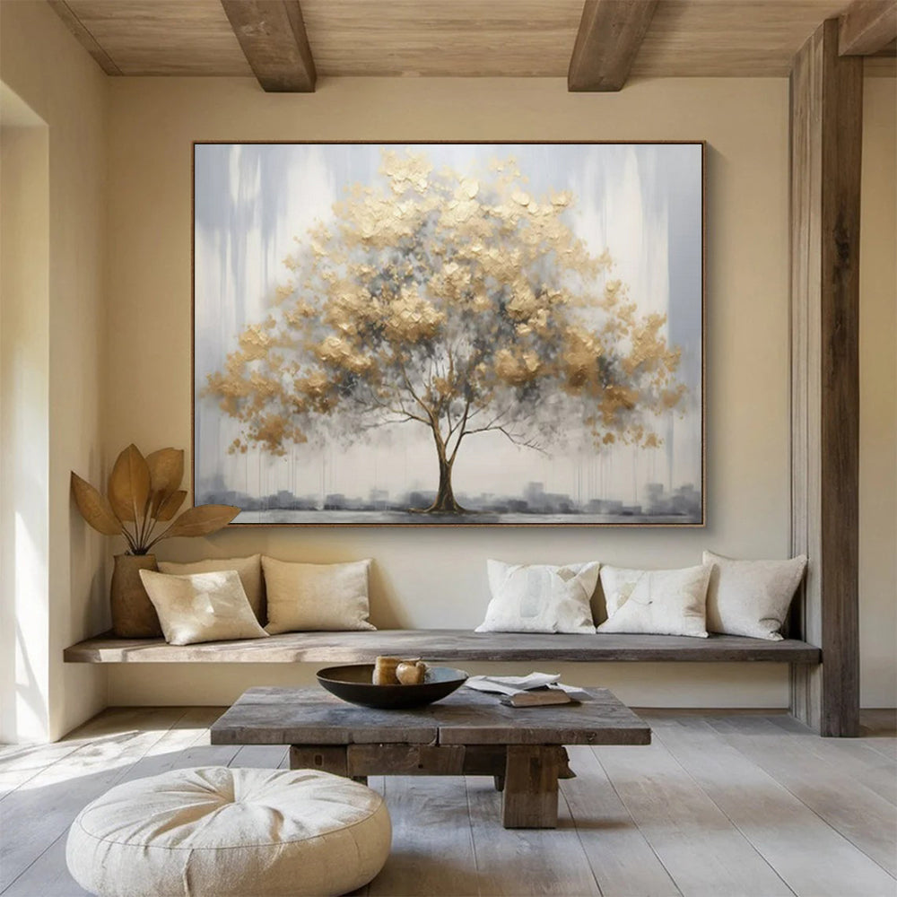 “Gold Tree on Gray” - Subtle Gold “Gilded Grove” Painting On Canvas PT1621