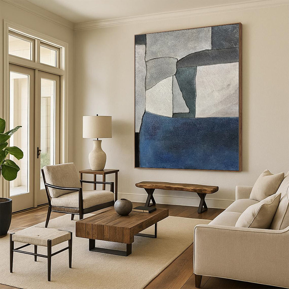 “Gray Block Harmony” - Gray, Blue Abstract Geometric Painting On Canvas PS0386