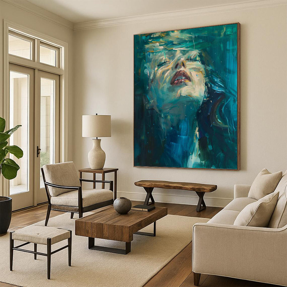 “Blue - Green Underwater Portrait” - Impasto Abstract Painting On Canvas PT1183