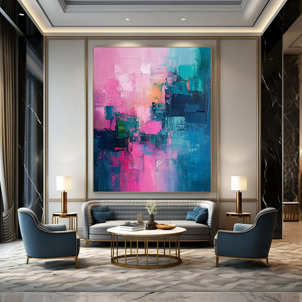Pink, Teal, Gold, and Blue Patchwork, "Vibrant Mosaic" – Colorful Abstract Painting On Canvas PS1012