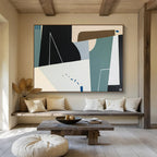 “Geometric Shapes in Black, Beige, Teal” Cubist Abstract Painting On Canvas PT1805