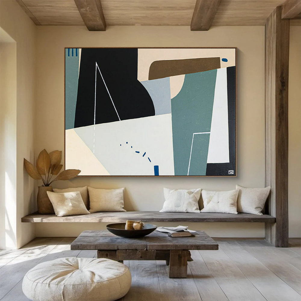 “Geometric Shapes in Black, Beige, Teal” Cubist Abstract Painting On Canvas PT1805
