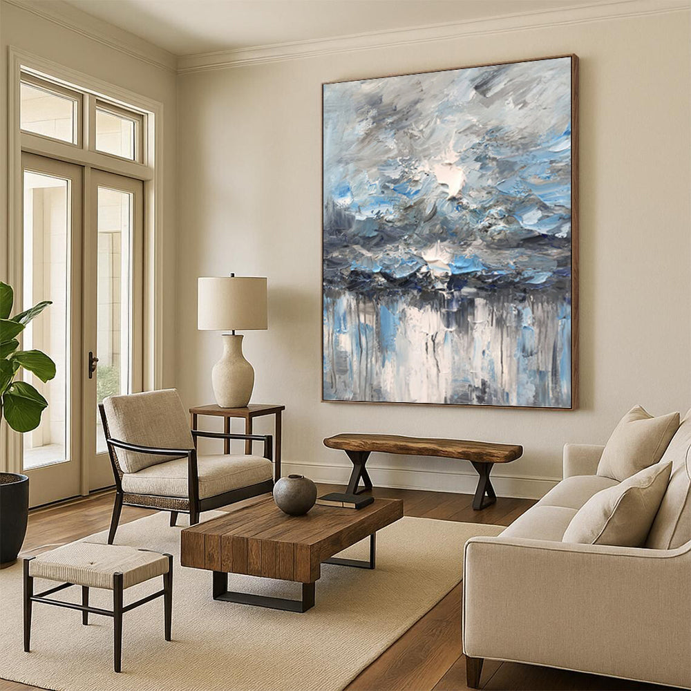 “Blue - Grey Rainy Sky Abstract” - Impasto Abstract Painting On Canvas PT1291