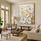 “3D White Flowers & Gold” - White, Gold Abstract Floral Painting On Canvas PS0658
