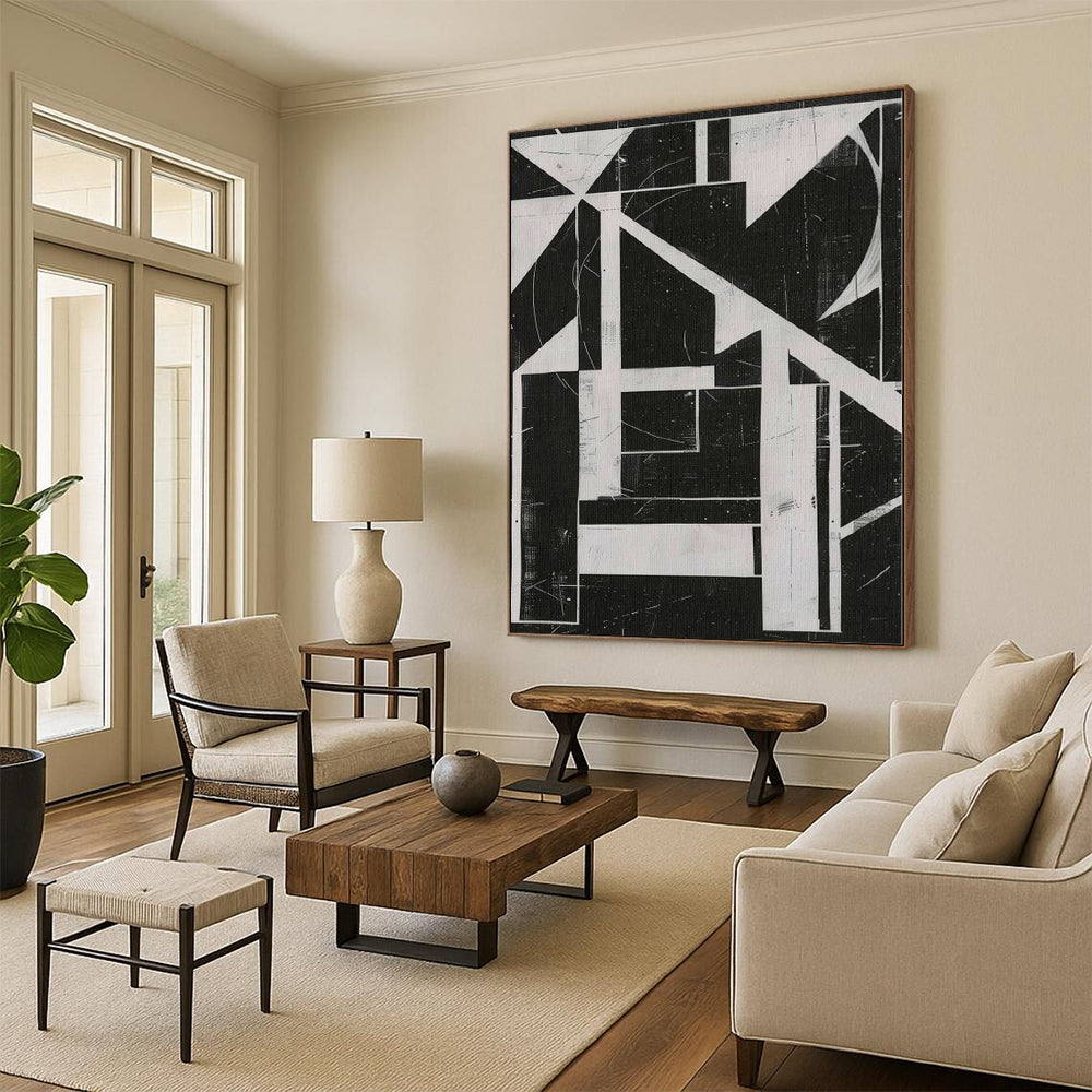 “Geometric Abstract in Black and White” - Constructivist Abstract Painting On Canvas PS0263