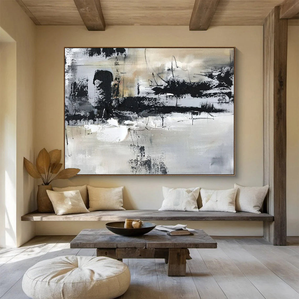 “Monochrome Abstract Strokes” - Black - White - Gray Abstract Painting On Canvas PT1565