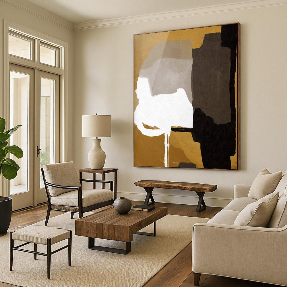 “Neutral Tones Geometric Abstract” - Gold, Gray & Black Shapes Painting On Canvas DS236