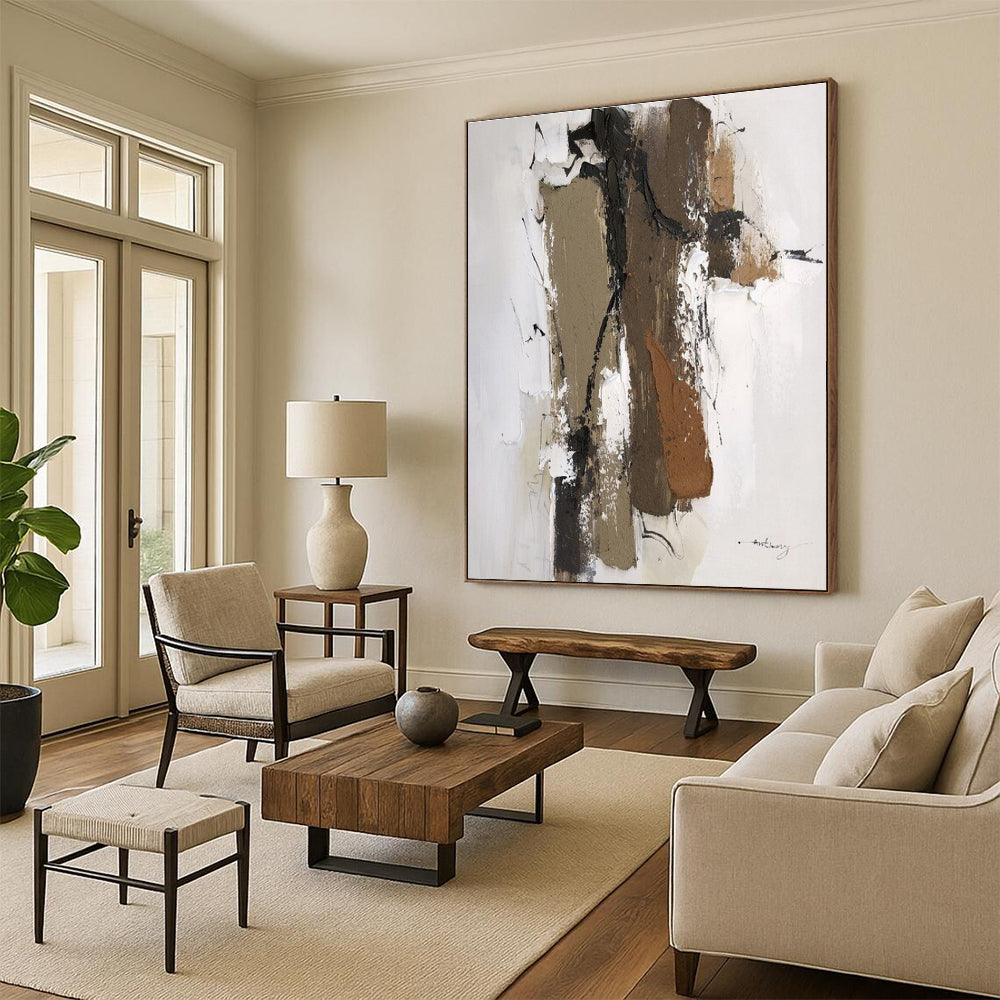 Brown, Black, White Textured Shapes “Earth’s Rhythm” - Painting On Canvas PS0794