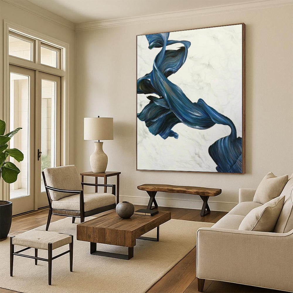 “Blue - White Abstract Flowing Ribbons” - Graceful Abstract Painting On Canvas PS0349