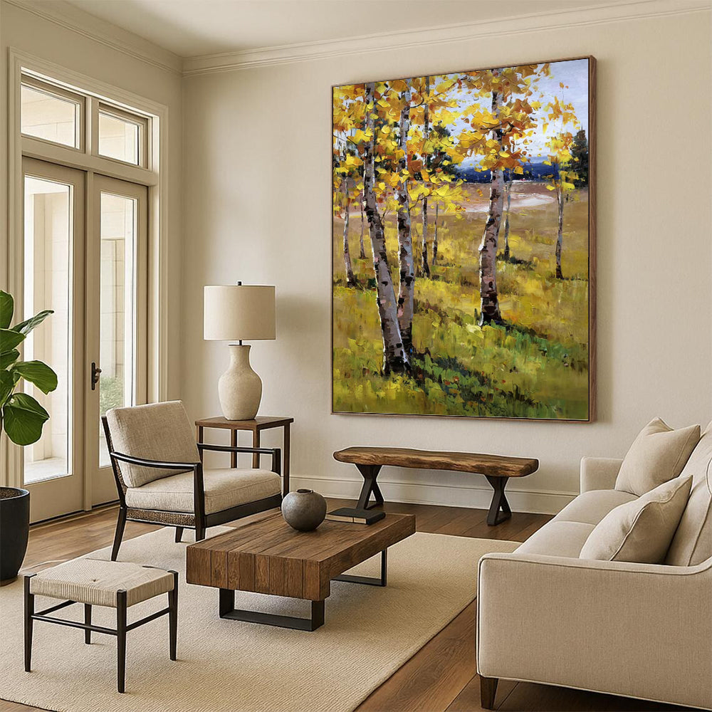 “Yellow - Green Autumn Birch Field” - Impasto Landscape Painting On Canvas PT1284