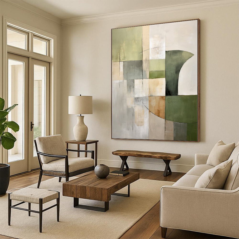 “Green - Gray Geometric Blocks” - Green, Gray Abstract Geometric Painting On Canvas PS0394