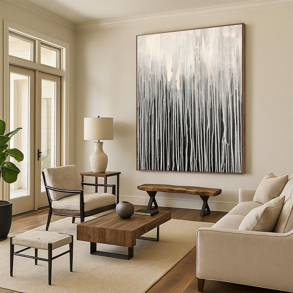 “Black - White Dripping Abstract Curtain” - Minimalist Abstract Painting On Canvas PS0302