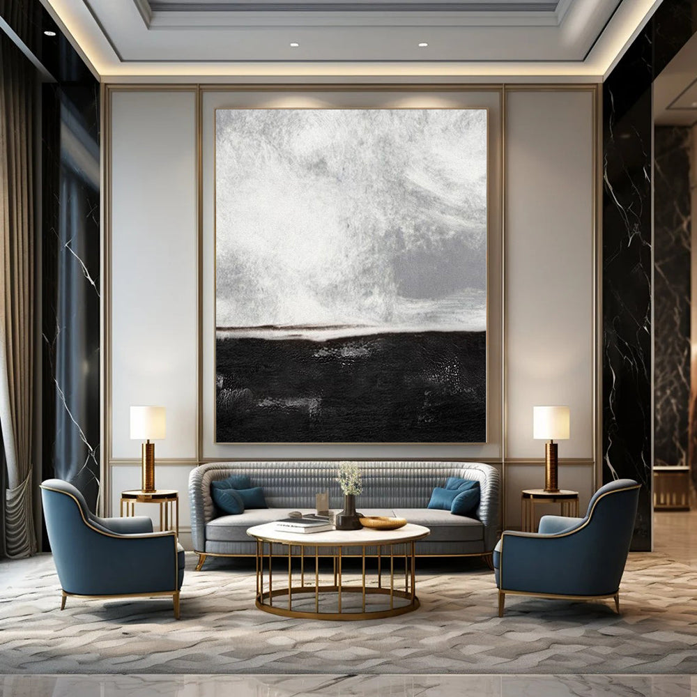 Black, White and Gray with Textured Divide "Midnight Calm" Abstract Painting On Canvas PS1154