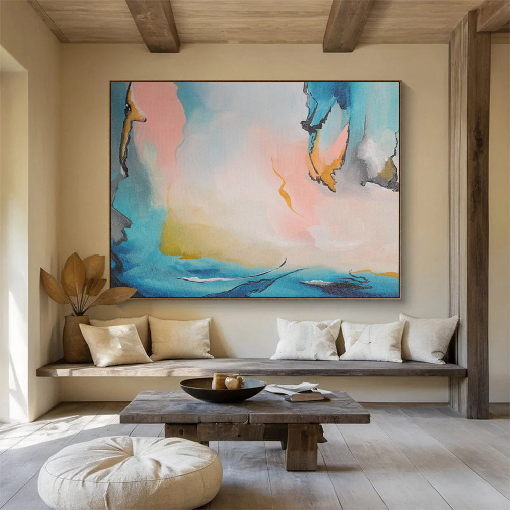 Blue, Pink & Yellow Fluid Abstract Painting On Canvas DKS021