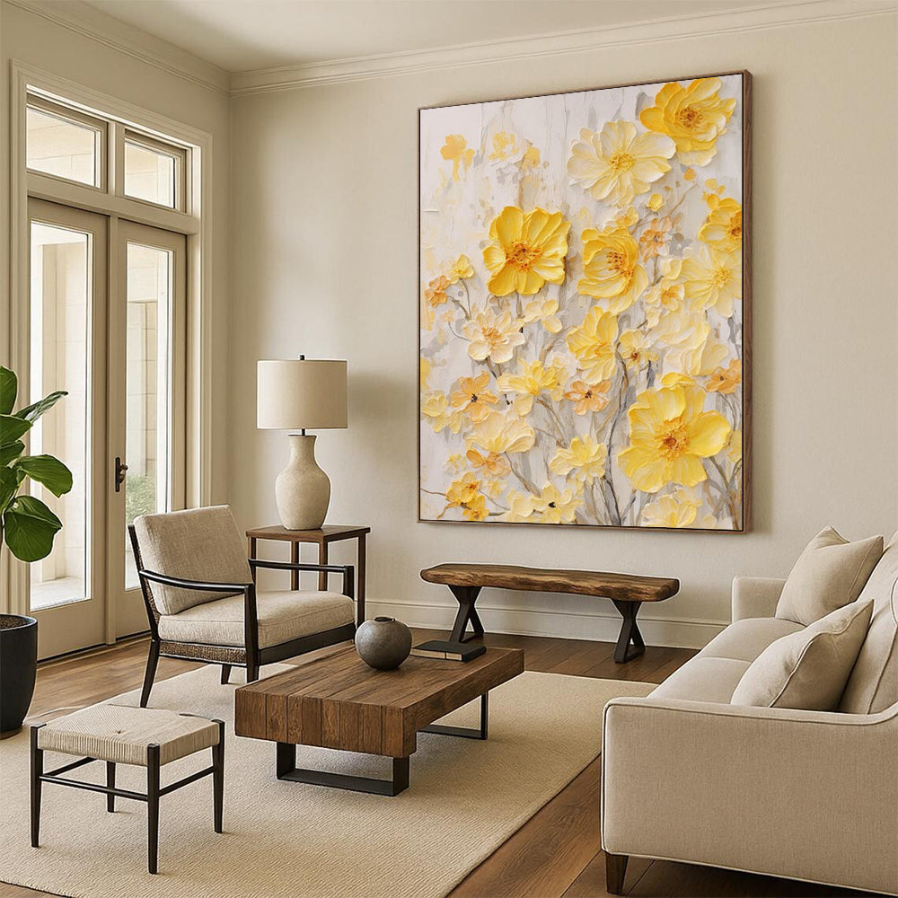 “Yellow Floral Relief” - Textured Floral Painting On Canvas DS289