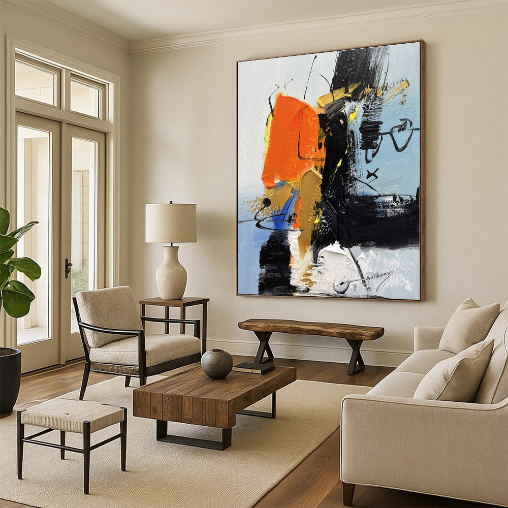 “Orange - Black Bold Abstraction” - Orange, Black, Gold Abstract Painting On Canvas PS0486