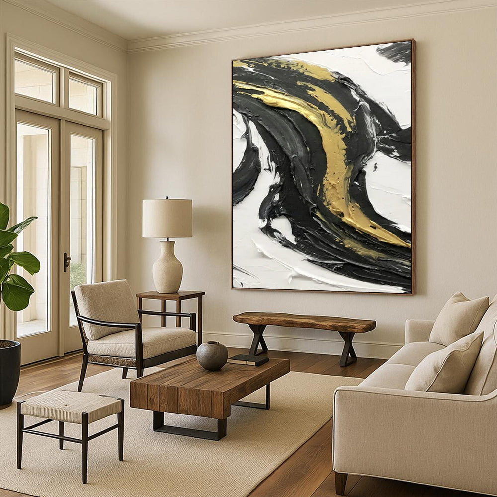 “Black and Gold Accent Swirl” - Opulent Abstract Painting On Canvas DS379
