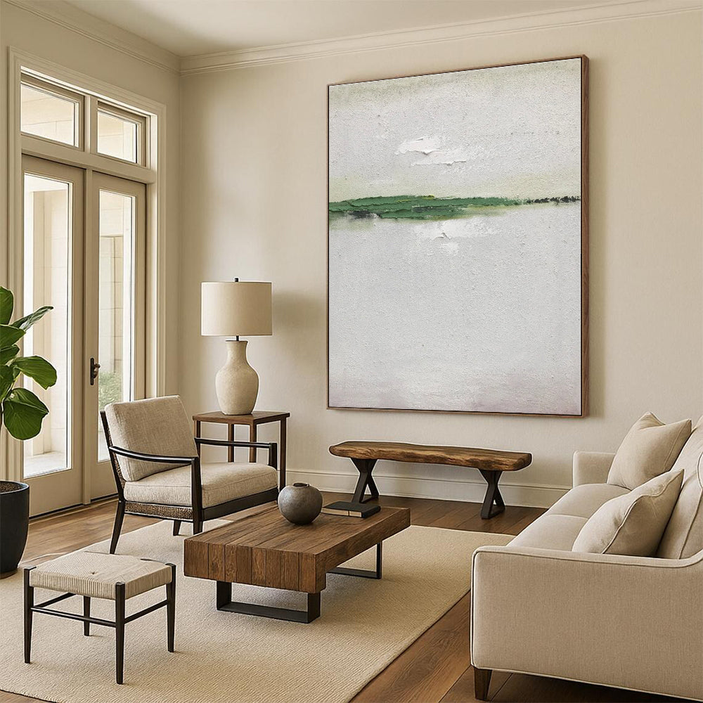 “Green - White Minimalist Strip” - Green, White Abstract Painting On Canvas PS0492