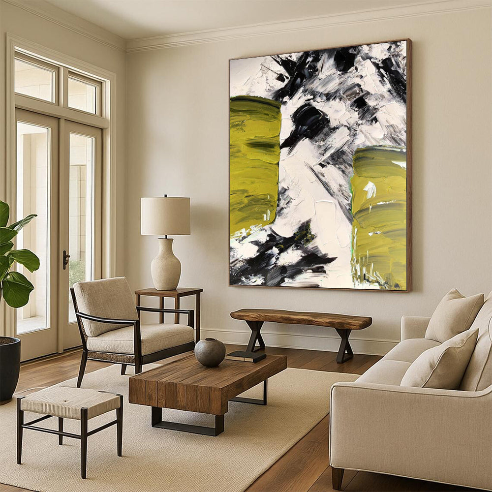 “Bold Green - Black - White Abstract Strokes” - Expressive Abstract Painting On Canvas PS0305
