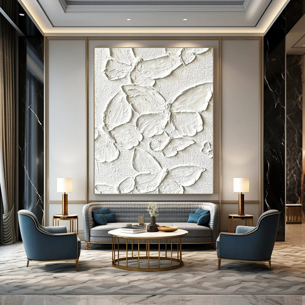 White with Textured Butterflies "Whimsical Wings" Abstract Painting On Canvas PS1468