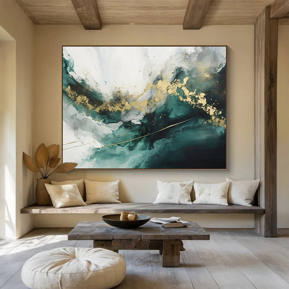 “Teal - Gold Abstract Waves” - Fluid Teal “Ocean Gold” Painting On Canvas PT1616
