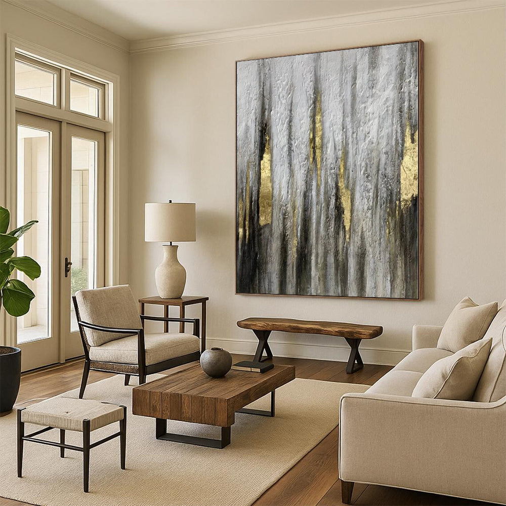 “Textured Grey - Gold Abstract Drip Art” - Luxe Textured Painting On Canvas PS0321