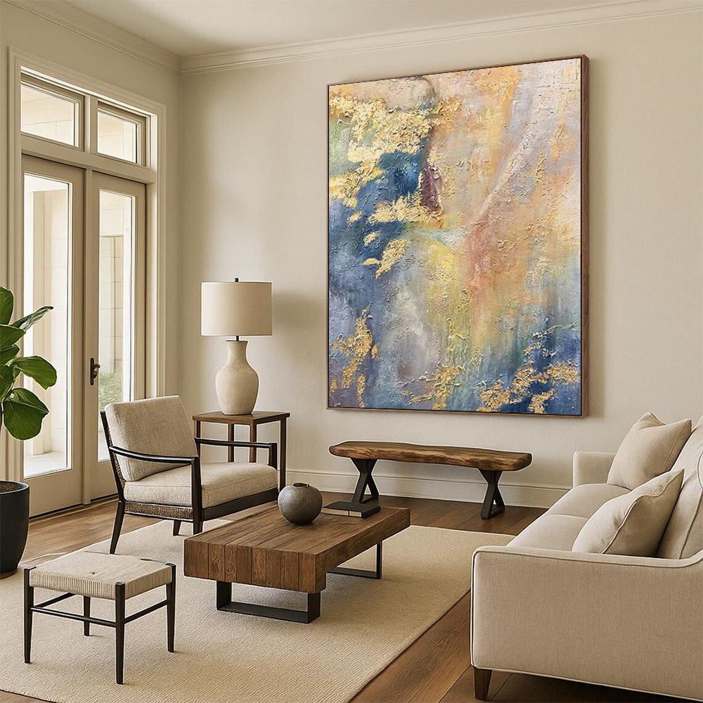 Gold - Blue Abstract Texture, Impressionistic Fusion, Monet - Inspired, Painting On Canvas PT2113