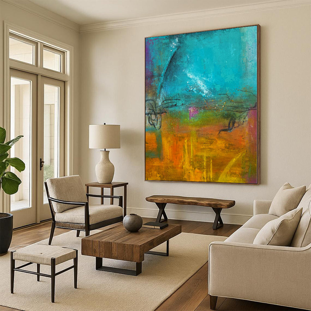 “Turquoise - Orange Abstract” - Vibrant Abstract Painting On Canvas PS0059