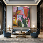 Pink, Green, Blue, Yellow with Playful Forms "Botanical Rhapsody" Abstract Painting On Canvas PS1410