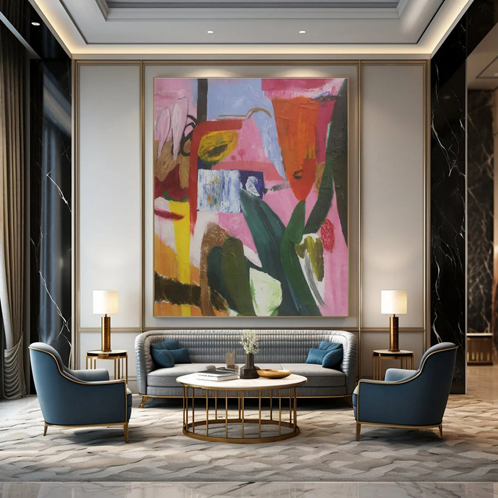 Pink, Green, Blue, Yellow with Playful Forms "Botanical Rhapsody" Abstract Painting On Canvas PS1410