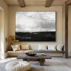 “Black - White Minimalist Horizon” - Monochromatic Calm “Nightfall Shore” Painting On Canvas PT1666