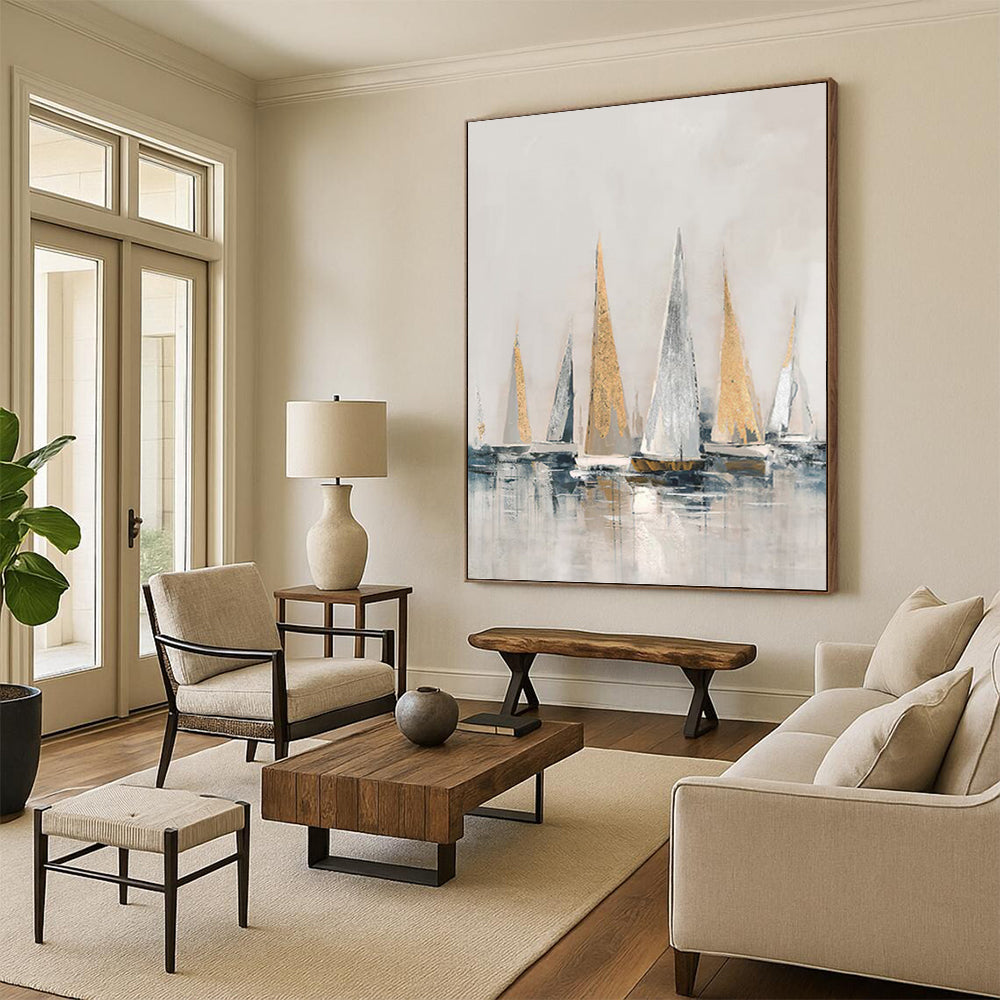 “Gold - Silver Sailboats on Gray Water” - Impressionist - Inspired Seascape Painting On Canvas PT1416