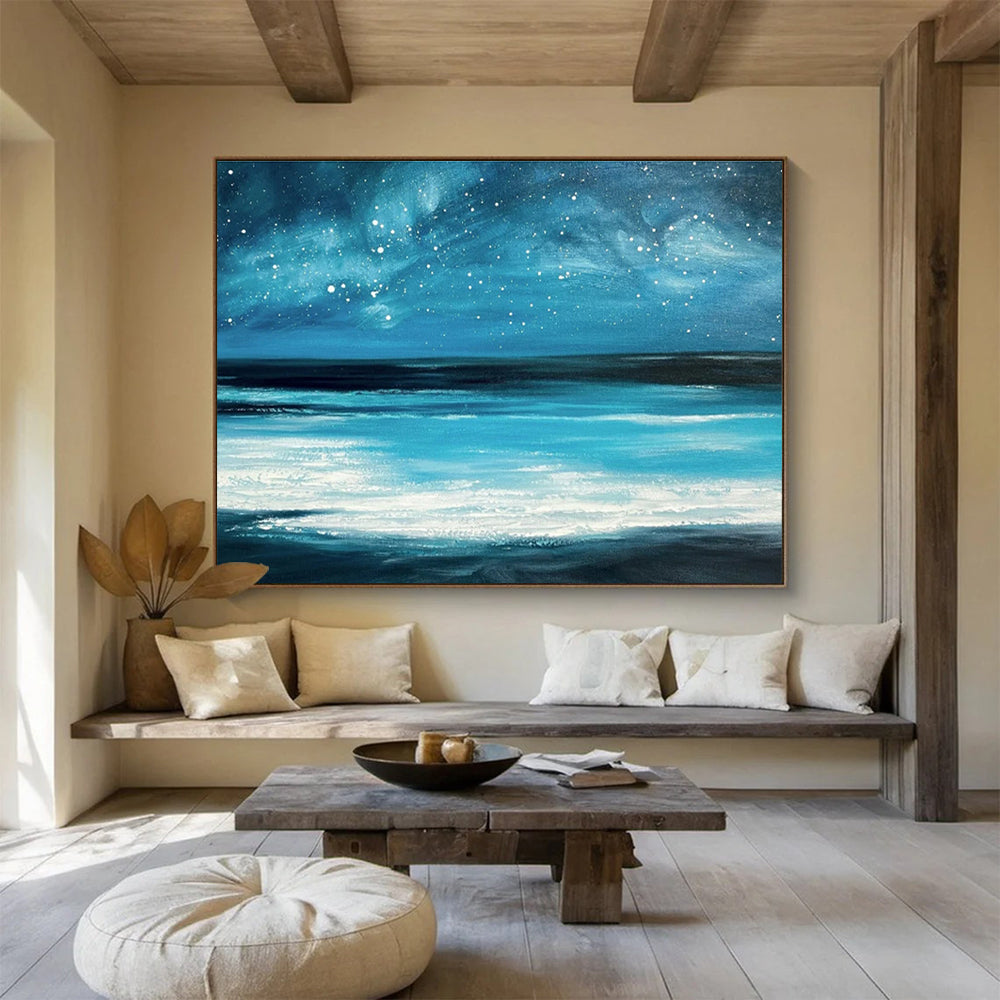 Blue Night Sky with Stars Over Turquoise Sea Seascape Painting On Canvas DKS104