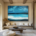 Blue Night Sky with Stars Over Turquoise Sea Seascape Painting On Canvas DKS104
