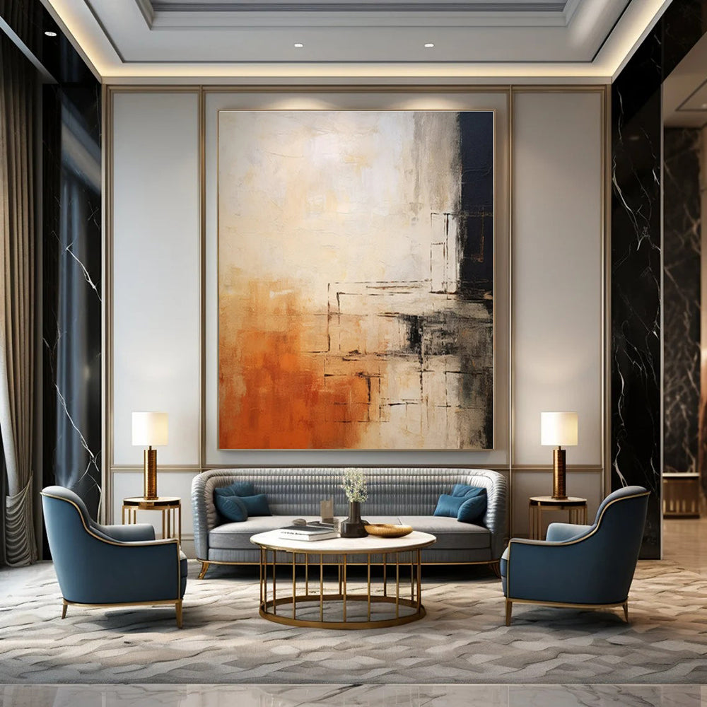 Beige, Orange, Black with Geometric Lines "Geometric Sunset" Abstract Painting On Canvas PS1335