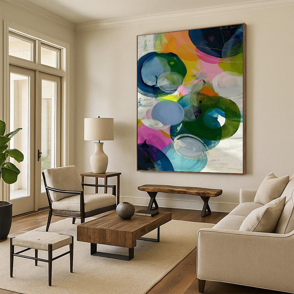 “Colorful Transparent Circles Abstract” - Playful Contemporary Painting On Canvas PT0999