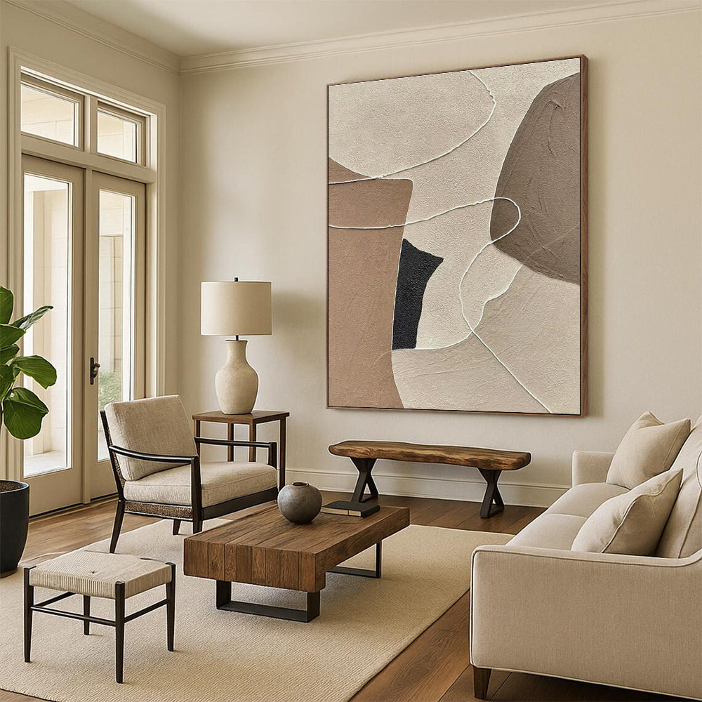 “Neutral Textured Shapes” - Beige, Brown, Black, White Abstract Textured Painting On Canvas PS0661