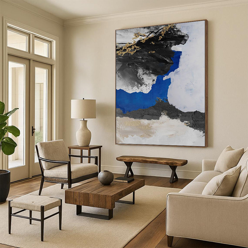 “Black - White - Gold Abstract Shapes” - Minimalist Abstract Painting On Canvas PT1231