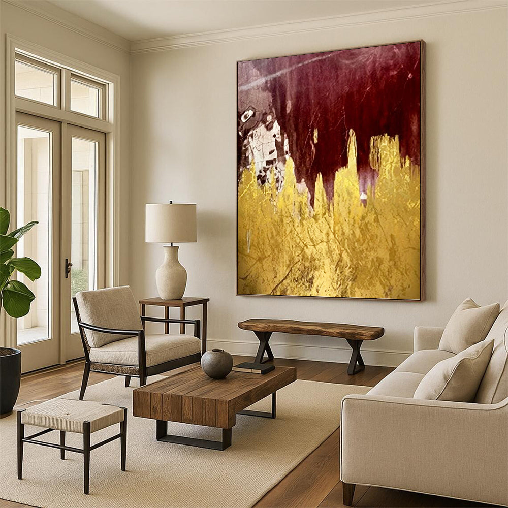 “Burgundy - Gold Abstract” - Abstract Expressionist Painting On Canvas PT1336
