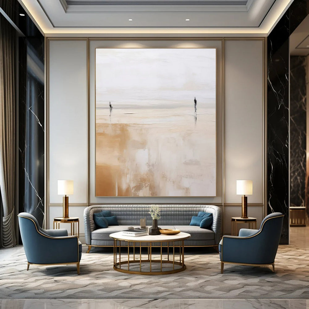 Beige, White with Two Figures "Dual Paths" Abstract Painting On Canvas PS1313