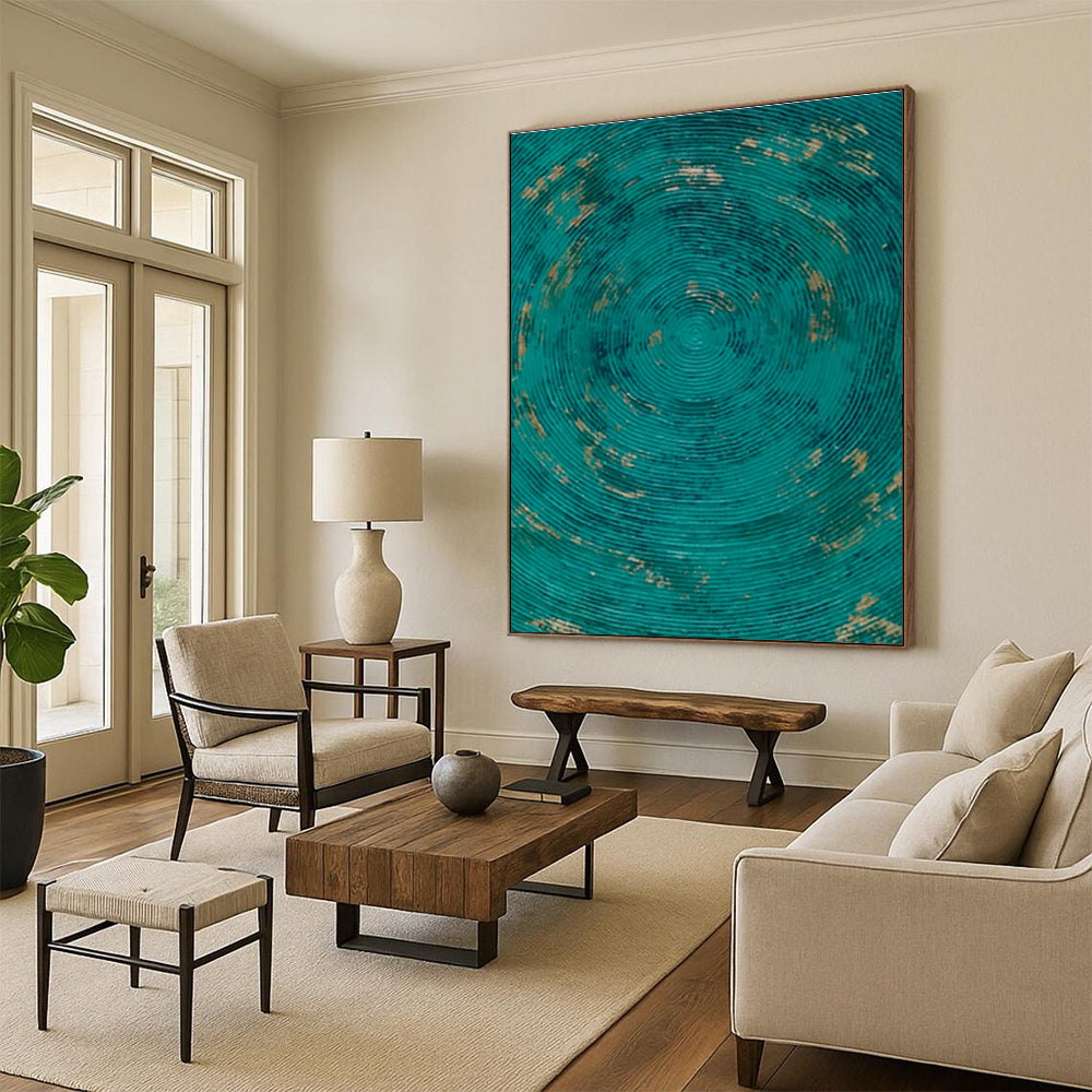 Teal and Gold Circles, "Oceanic Rhythm" – Abstract Geometric Painting On Canvas PS0902