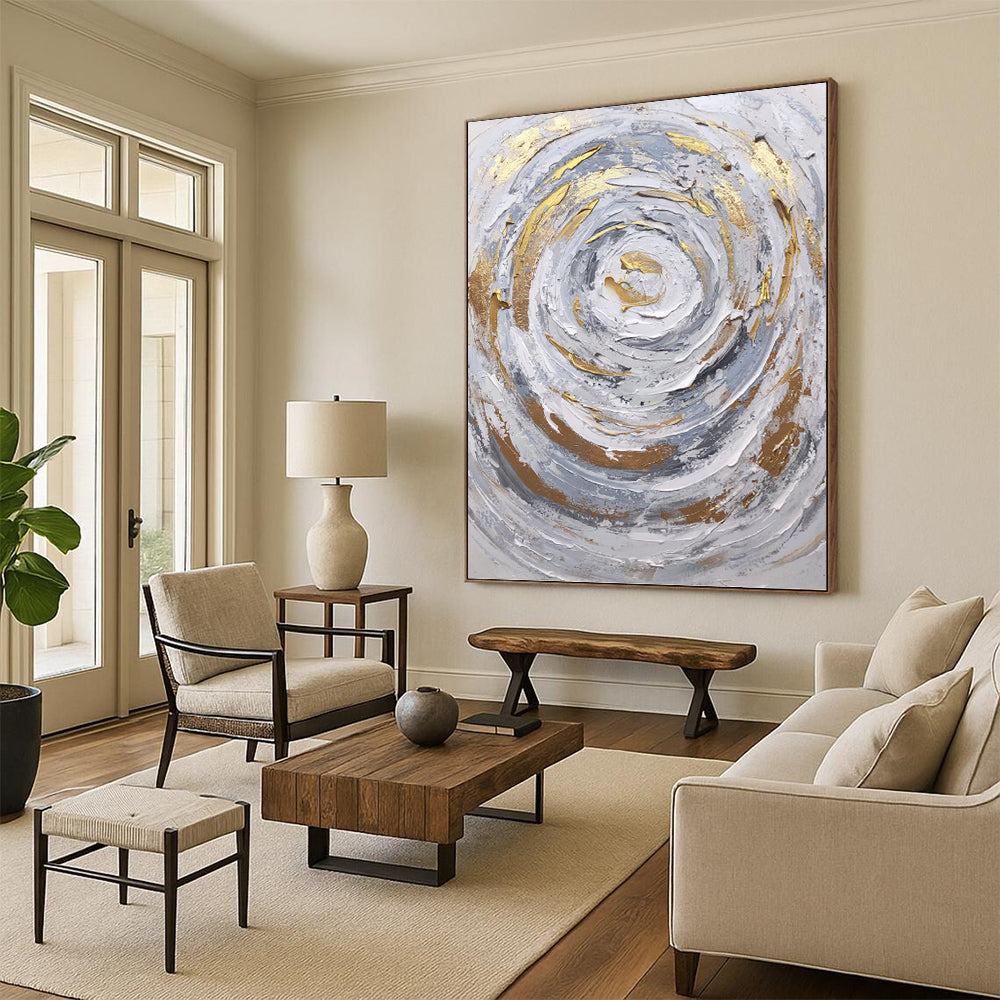 “Grey - Gold Swirl” - Textured Abstract Painting On Canvas PT1286