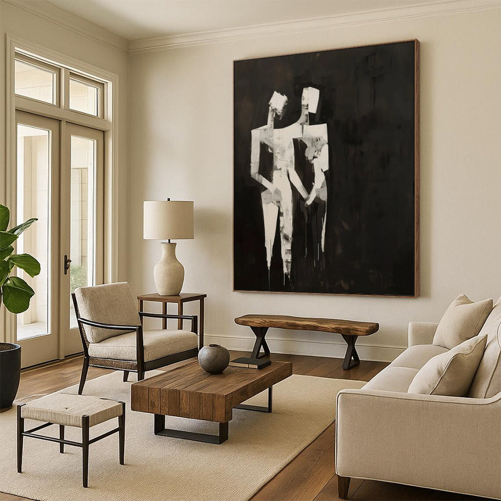 “Abstract Black and White Figures” - Cubist Abstract Painting On Canvas PT1934