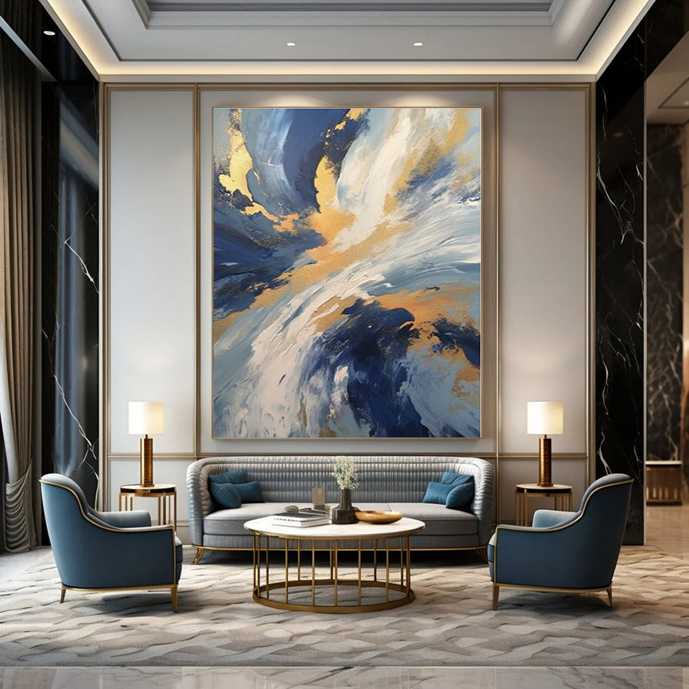 Blue, Gold, White with Dynamic Swirls "Gilded Tempest" Abstract Painting On Canvas PS1265