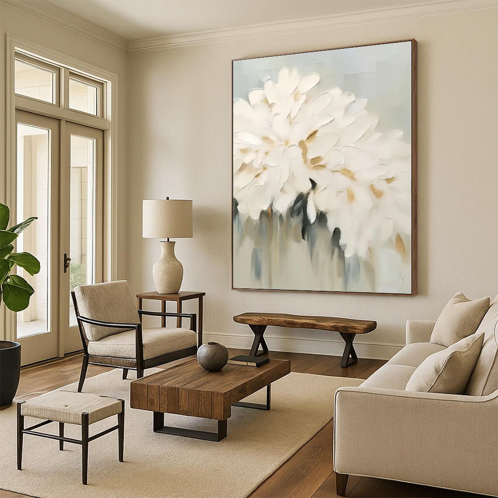 “White - Gray - Gold Floral Abstraction” - White, Gray, Gold Abstract Painting On Canvas PS0543
