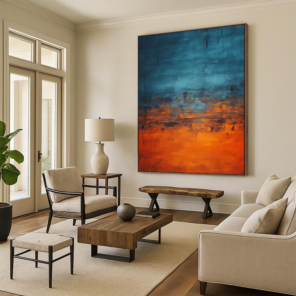 “Blue - Orange Blended Abstract with Dripping Details” - Abstract Expressionist Painting On Canvas PT1944