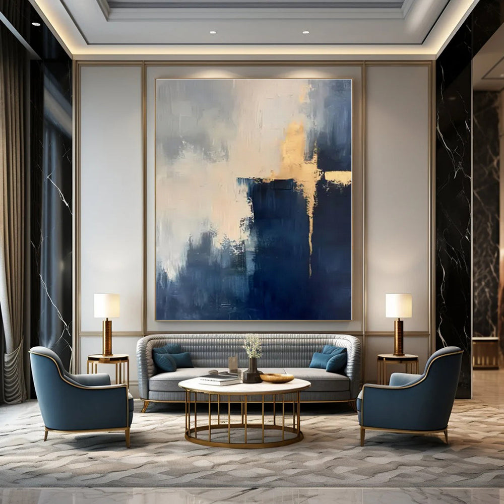 Navy, White, Gold with Abstract Overlays "Gilded Horizons" Abstract Painting On Canvas PS1311