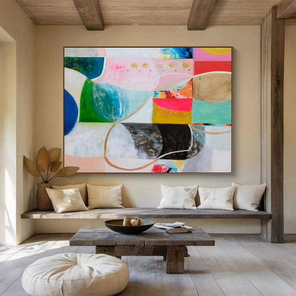 Color - Blocked Abstract with Curves Painting On Canvas DKS069